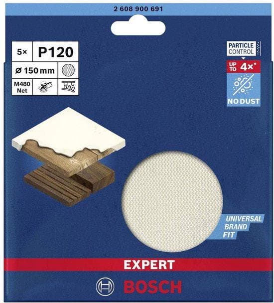Bosch Expert M480 Nät - sandpapper - för barrträ, lövträ, fanerat trä, färg på trä - 5 stycken - rund - korn: P120 - 150 mm (2608900691)