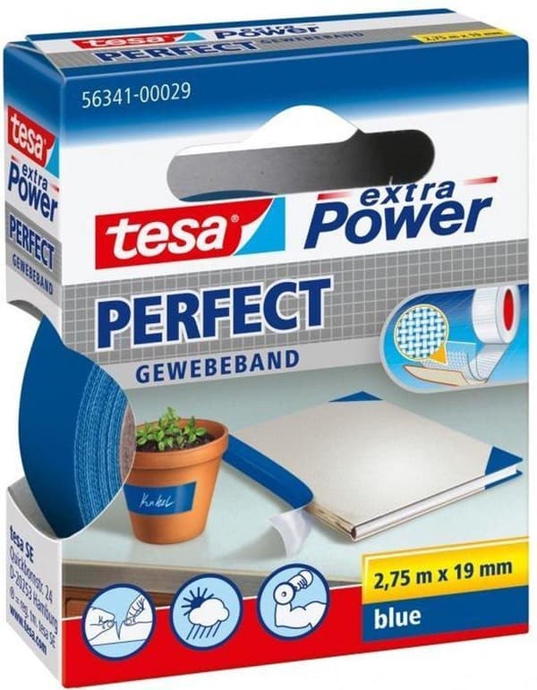 Tesa extra power perfect stoftape blå hængekasse - 2,75 mx 19 mm.