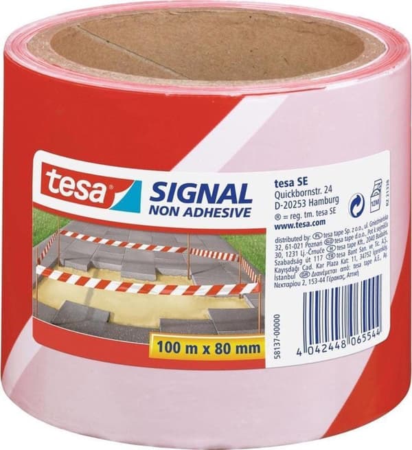 1x Tesa spærrebånd/markeringstape rød/hvid 8 cm x 100 mtr - Job/byggemateriale - Afspærringsbånd/markeringsbånd - Farezonetape - Vej/parkeringsplads a