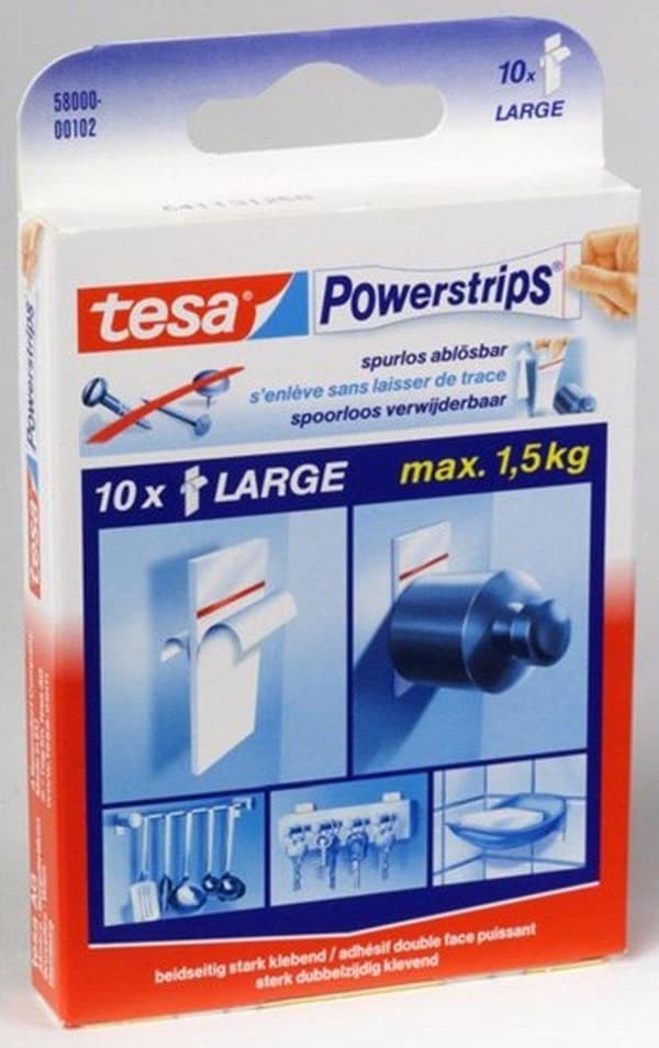 Tesa powerstrips - Klæbende strimmel - Dobbeltsidet - Stor - 10 stk - Gennemsigtig