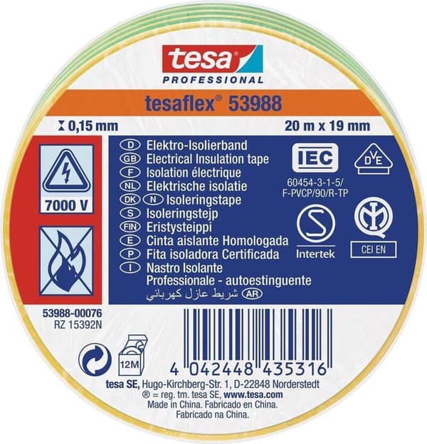 tesa 53988-00076-00 Isoleringstape tesa Professional Gul, Grøn (LxB) 20 mx 19 mm 1 stk.