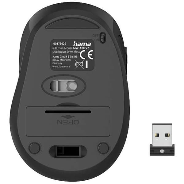 Hama MW-400 V2 WiFi mus Trådlös Optisk Svart 6 Knappar 800 dpi, 1200 dpi, 1600 dpi