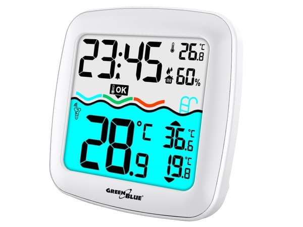 GreenBlue GreenBlue GB216 værstasjon med svømmebassengtermometer, rekkevidde 60m, flytesensor, temperatur, tid, kalender, DCF