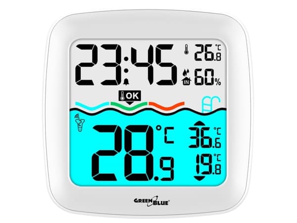GreenBlue GreenBlue GB216 værstasjon med svømmebassengtermometer, rekkevidde 60m, flytesensor, temperatur, tid, kalender, DCF