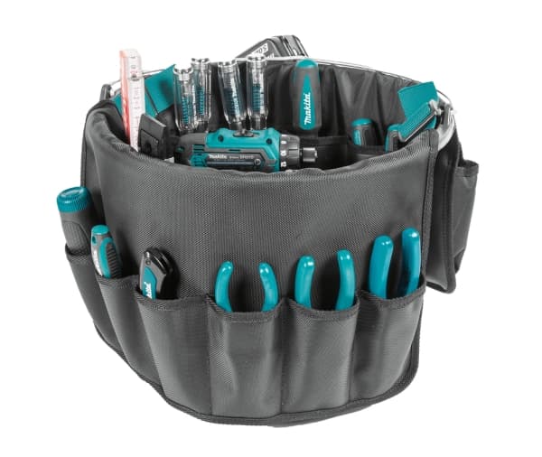 Makita E-15497 Pehmeä työkalunpidike, jossa on erilliset lokerot eri työkaluille, asennettavaksi kauhaan.