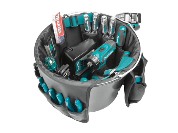 Makita E-15497 Pehmeä työkalunpidike, jossa on erilliset lokerot eri työkaluille, asennettavaksi kauhaan.