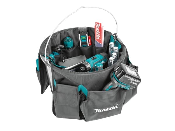 Makita E-15497 Pehmeä työkalunpidike, jossa on erilliset lokerot eri työkaluille, asennettavaksi kauhaan.