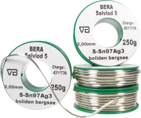 BERA sølvlod 5, massiv tråd 2mm, rulle med 250 gram. Smeltetemperatur 221 grader C