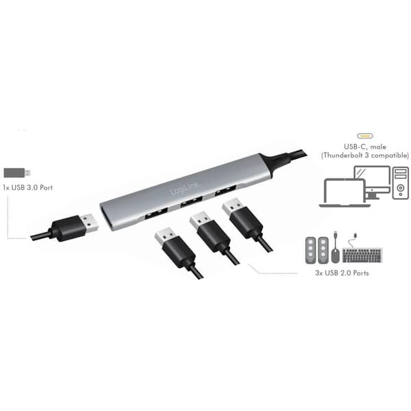 LogiLink UA0392 USB-C® (USB 3.1) Multiport Hubb med USB-C-kontakt Alumniumgrå