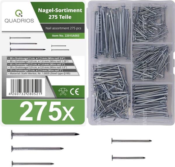 Quadrios 2201SA003 Stålspik sortiment 275 delar Innehåll: 1 set(ar)