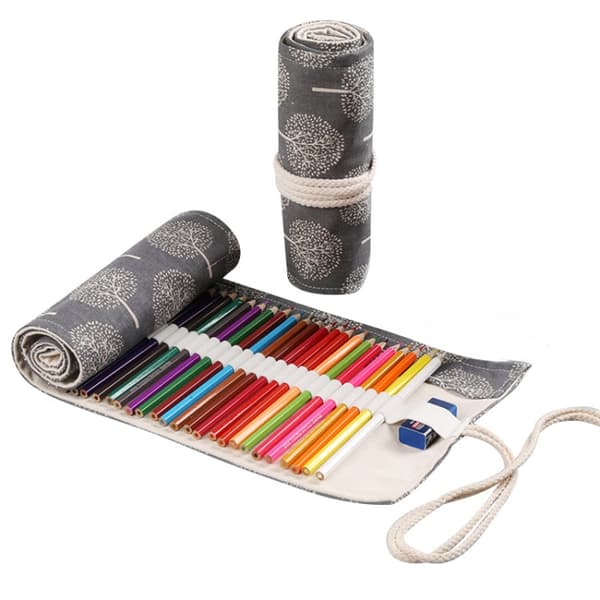 2 PCS 12 Holes Handmade Canvas Pen Curtain Large-Capacity Pencil Case For Boys And Girls Color Pencil Sketch Stationery Box(Black And White Tree)