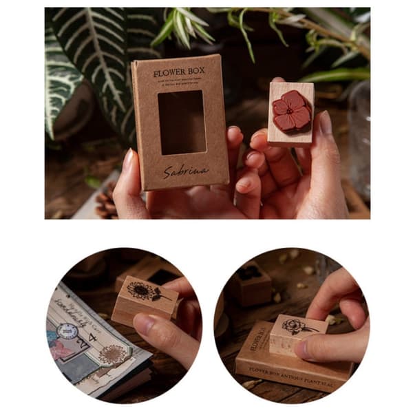4 PCS  Vintage Botanical Stamp DIY Handbook Decorative Journal Beechwood Stamp(Sabrina)