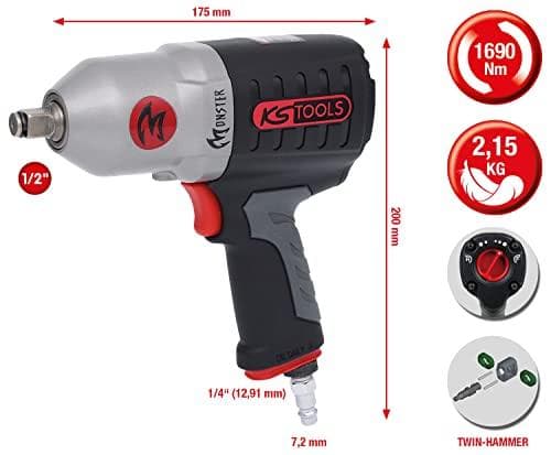 KS TOOLS 1/2" MONSTER korkean suorituskyvyn paineilmaiskuavain, 1690 Nm (515.1210)