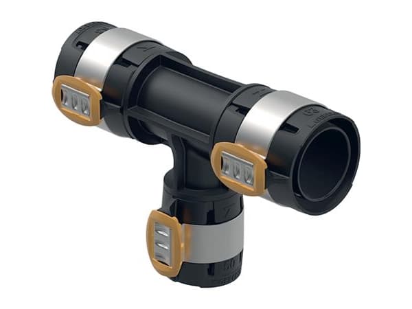 Geberit FlowFit T-stykke reduceret: Materiale=PPSU, d=63mm, d1=50mm, d2=63mm