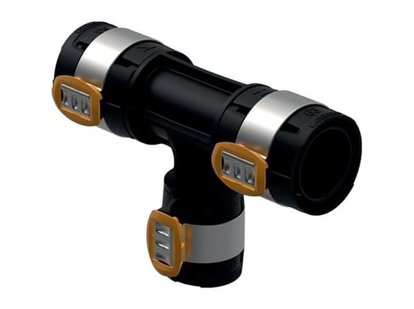 Geberit FlowFit T-stykke reduceret: Materiale=PPSU, d=63mm, d1=50mm, d2=63mm