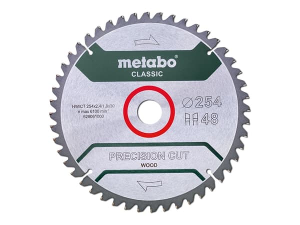 Metabo 628061000, Spånskiva, Hårt träslag, MDF, Plywood, Mjuka träslag, Trä, 25,4 cm, 3 cm, 1,8 mm, 6100 RPM, Metabo