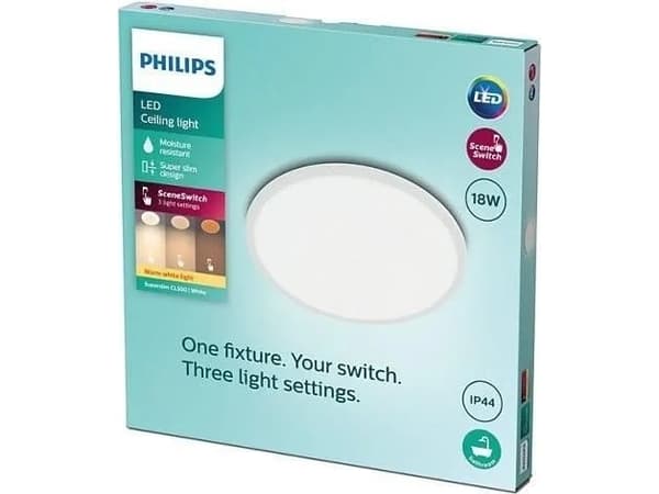 Surface LED luminaire PHILIPS SUPERSLIM, IP44, 18 W, 2700 K, 1500 lm, dimmable, white, Ø29 cm