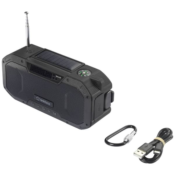 Utomhusradio Renkforce RF-CR-300 FM, AM uppladdningsbart, Solcellspanel, Handvev, Ficklampa Svart