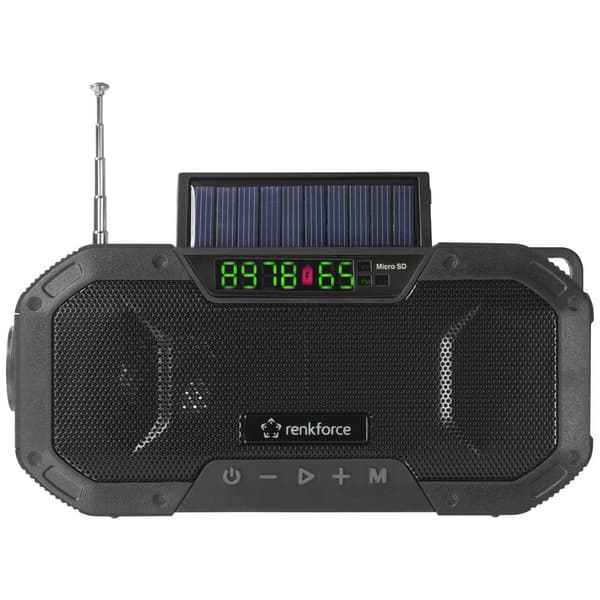 Utomhusradio Renkforce RF-CR-300 FM, AM uppladdningsbart, Solcellspanel, Handvev, Ficklampa Svart