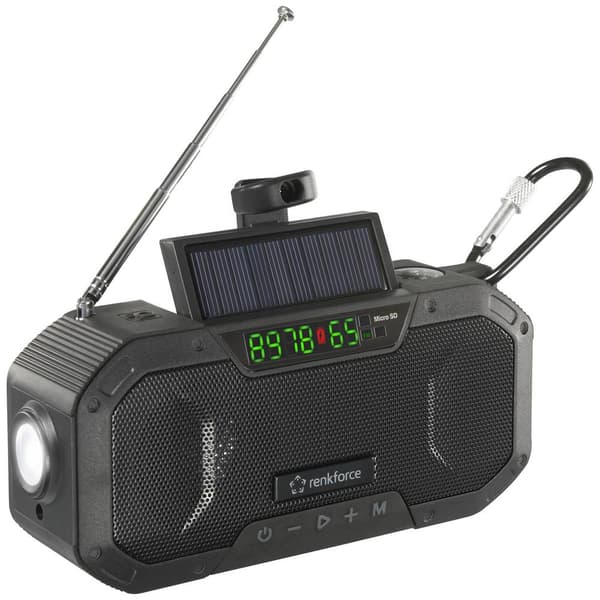 Utomhusradio Renkforce RF-CR-300 FM, AM uppladdningsbart, Solcellspanel, Handvev, Ficklampa Svart