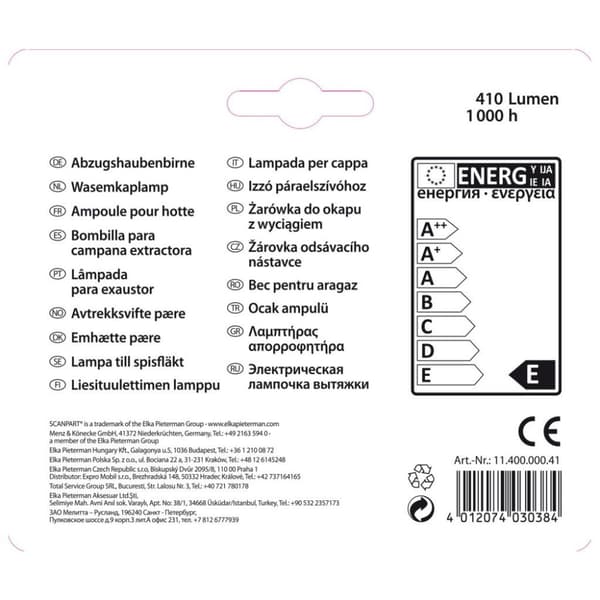 Scanpart Emhættelampe E14 40w T25 2-pa