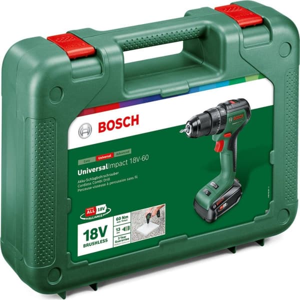 Bosch UniversalImpact 18V-60 - Borehammer/skruemaskine - akku - 2 hastigheder - borepatronnøgle 13 mm - 60 N m - 2 batterier - 18 V
