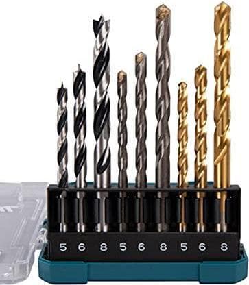 Makita - Boresæt - til træ, metal, murværk, mursten - spiralbor, snegle - 9 stykker - 5 mm, 6 mm, 8 mm