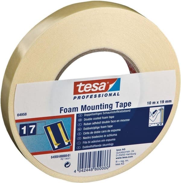 Tesa kaksipuolinen teippi, 19mm x 25m, valkoinen (64958 19MM X 25M WHITE)