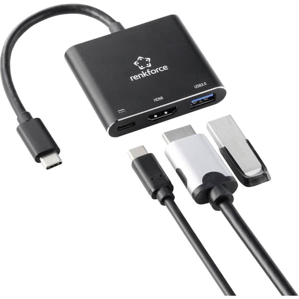 Renkforce RF-5133676 USB-C® / HDMI Adapter [1x USB-C® hane - 1x HDMI hona, USB-C® hona (Power Delivery) , USB-A] Svart