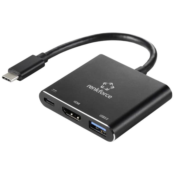 Renkforce RF-5133676 USB-C® / HDMI Adapter [1x USB-C® hane - 1x HDMI hona, USB-C® hona (Power Delivery) , USB-A] Svart