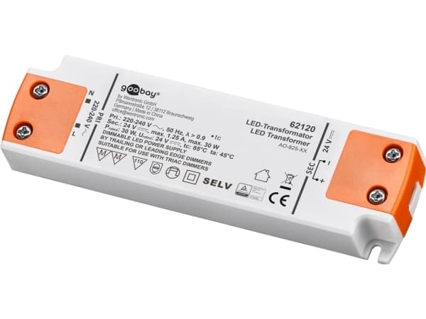 Goobay 62120, Elektroninen valaistusmuuntaja, Oranssi, Valkoinen, IP20, -20 - 45 °C, CE, RoHS Directive 2011/65/EU [OJEU L174/88-110, 01.07.2011, Laa