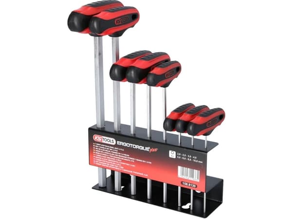 KS Tools 158.8130, Kuusiokoloavainsarja T-kahvalla, 8 kpl, T-kahva lyhyellä varrella, Kromivanadiini-teräs, DIN ISO 2936, 1,08 kg