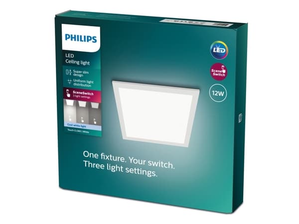 Philips Funksjonell Panel-taklampe, 12 W, kvadratisk, LED, 1200 lm, IP20, Hvit