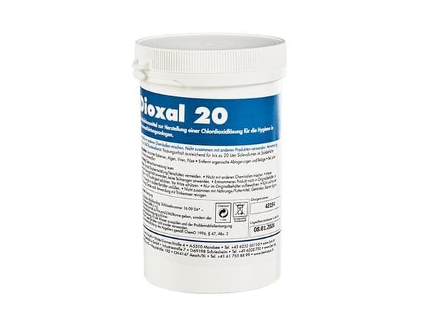 BWT Dioxal desinfiointijauhe Dioxal20. Puhdista vedenpehmentimesi Dioxalilla ja ehkäise bakteerien esiintymistä vedenpehmentimessäsi