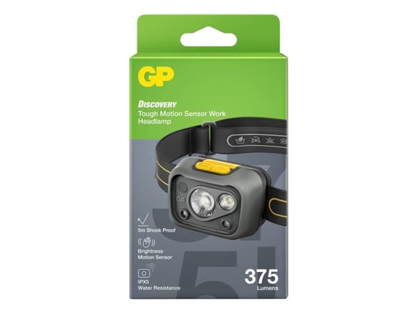 GP Lighting Discovery, Hovedbånd lommelygte, Sort, Plast, 5 m, IPX5, CE, UKCA, RoHS, IEC62471