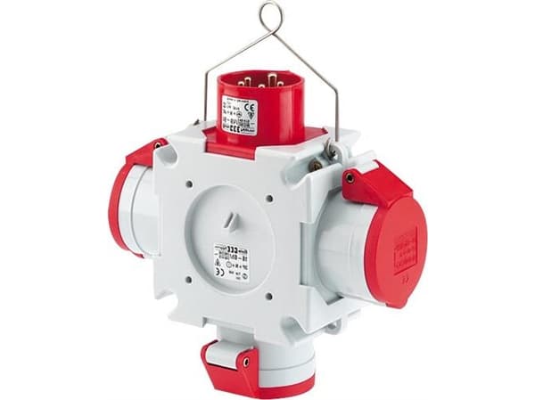 BALS CEE KrydsfordelerH6 400V 32A 5 polet, rød1 tilgang og 3 afgange, 213x223 mmIP44, polyamid
