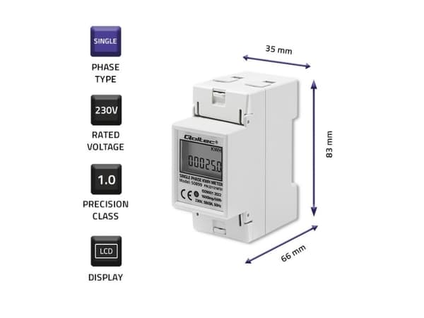 Qoltec yksivaiheinen elektroninen energiamittari | DIN-kisko | 230V | LCD | 2P