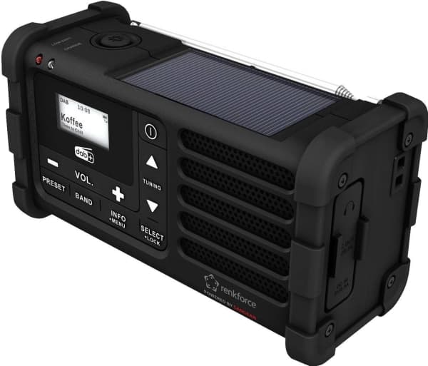 Renkforce RF-DAB-MMR88 Utendørsradio DAB+, FM-nødradio, USB-håndsveiv, Solcellepanel, Oppladbar, Lommelykt Svart (RF-5266164)