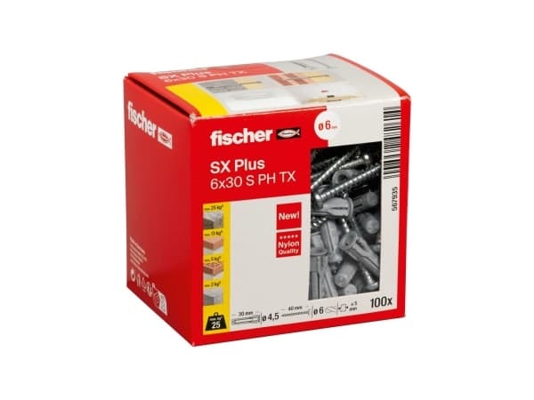 Fischer 567935, Kit med skruv och väggplugg, Autoklaverad lättbetong, Tegel, Betong, Gipsskiva, Murverk, Nylon, Grå, Torx, TX20