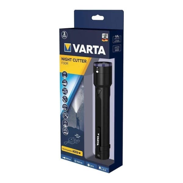 Varta Night Cutter F30R genopladelig premium lommelygte og powerbank (2600mAh) i én - inklusive mikro-USB-ladekabel - fire lystilstande - 700 lumen ly