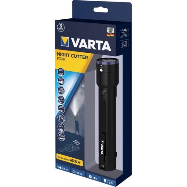 Varta Night Cutter F30R genopladelig premium lommelygte og powerbank (2600mAh) i én - inklusive mikro-USB-ladekabel - fire lystilstande - 700 lumen ly