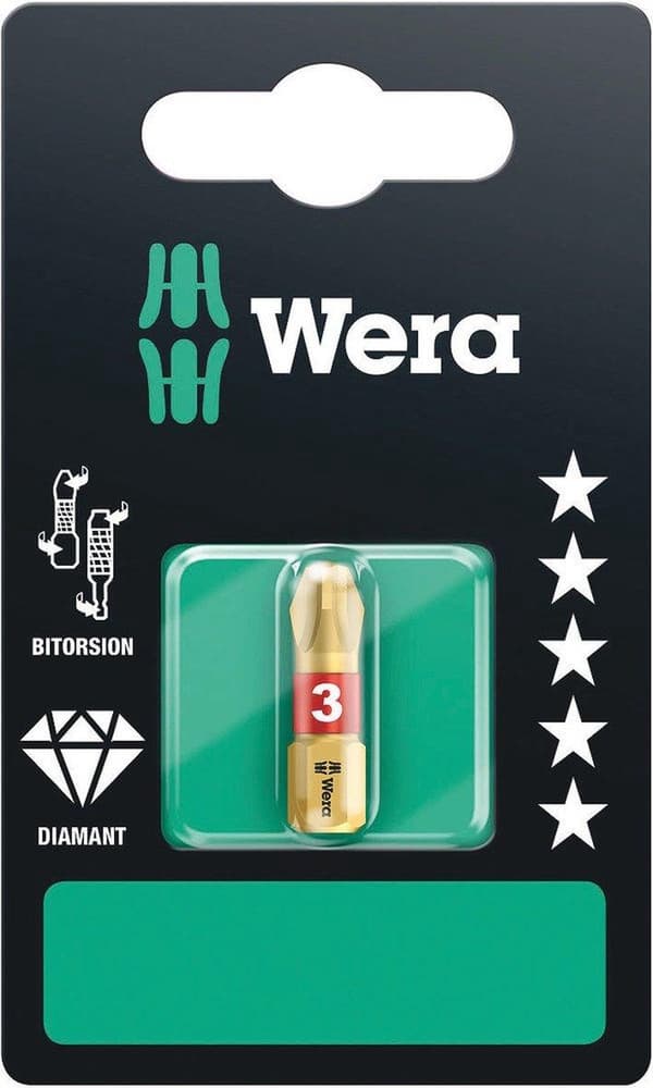 Wera bit PH størrelse 3 L.25mm 1/4" 6KT C6.3 BiTors.diamond b. kort med 1 stk 851/1 BDC SB (05073334001)