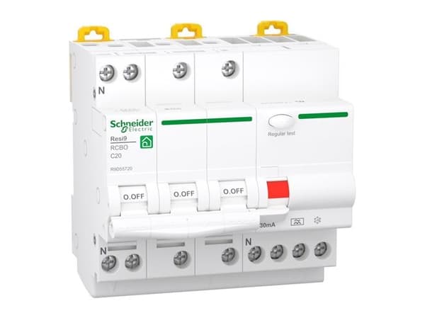 SCHNEIDER ELECTRIC Resi9 XP RCBO/yhdistelmäkatkaisija 3PN C ominaisuus 20A 6kA 30mA luokka A 90mm 90mm