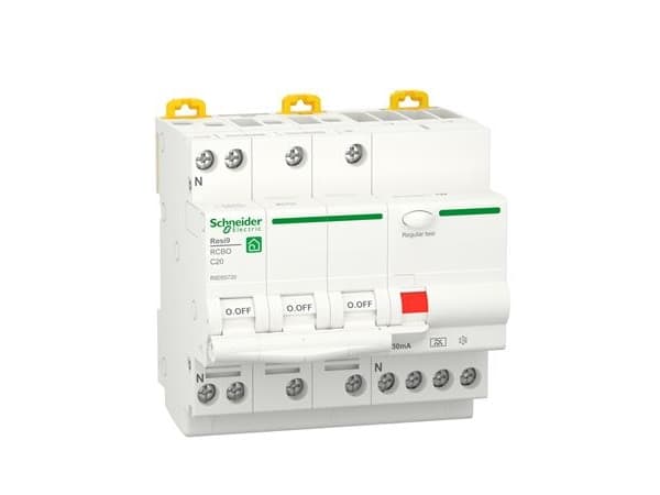 SCHNEIDER ELECTRIC Resi9 XP RCBO/yhdistelmäkatkaisija 3PN C ominaisuus 20A 6kA 30mA luokka A 90mm 90mm