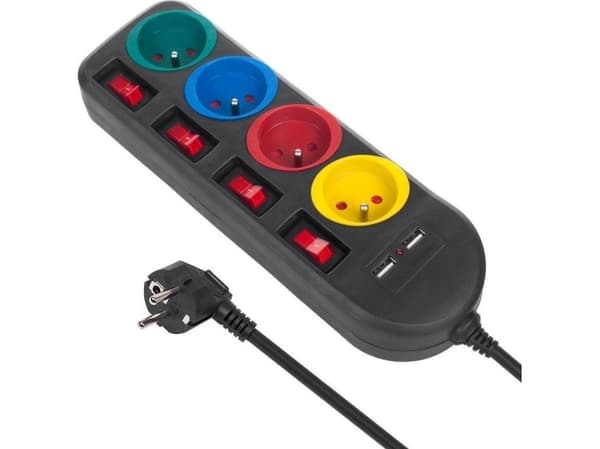 Maclean grenuttag Maclean, förlängningskabel med 4 uttag + 2xUSB, med strömbrytare, 250VAC/10A, 2,1A 5V, 1,5m, svart, MCE229 B