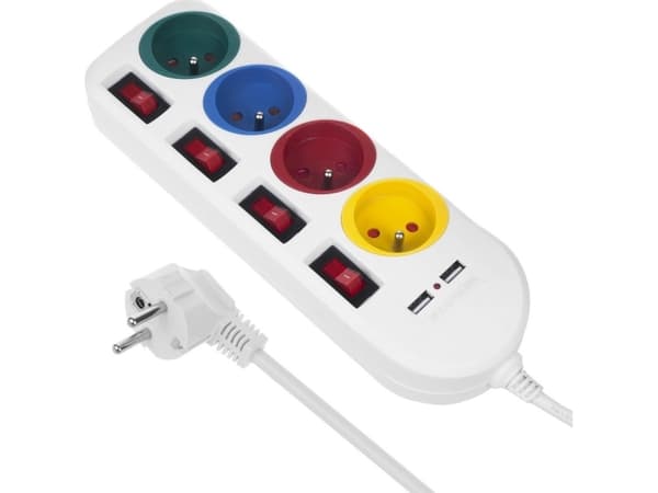 Maclean Power strip Maclean, 4-pistorasian jatkojohto + 2xUSB, kytkimillä, 250VAC/10A, 2.1A 5V, 1.5m, valkoinen, MCE229 W