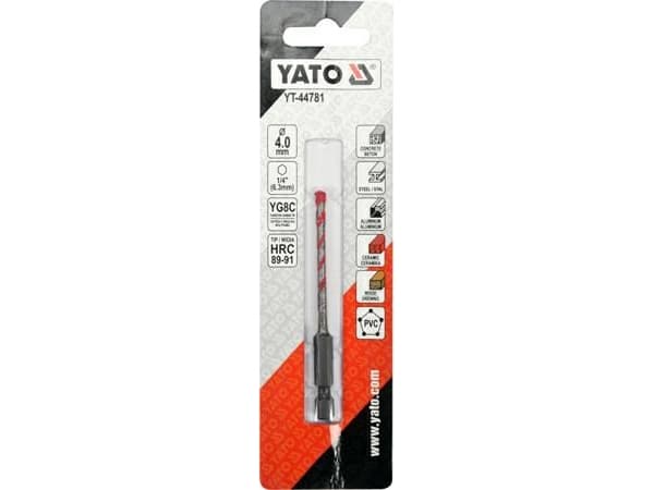 Wiertło Yato `Wiertło uniwersalne 4,0x85 mm.uchwyt 1/4"Hex (beton,ceramika,stal,alum.,PCV,drewno)