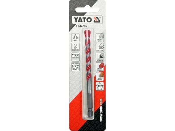 Universal drill bit Yato `Universal drill bit 8.0x100 mm. 1/4" Hex handle (concrete, ceramic, steel, aluminum, PVC, wood)