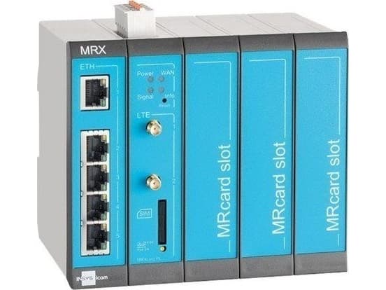 INSYS icom MRX5 LTE Modulaarinen 4G matkapuhelinreititin maailmanlaajuiset taajuuskaistat VPN 5xEthernet 10/100BT 2xdig.in MRcard-paikat 3xvapaa