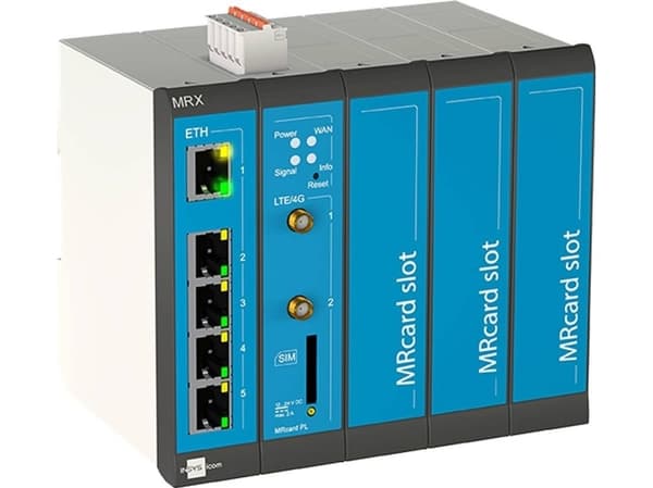 INSYS icom MRX5 LTE Modulaarinen 4G matkapuhelinreititin maailmanlaajuiset taajuuskaistat VPN 5xEthernet 10/100BT 2xdig.in MRcard-paikat 3xvapaa